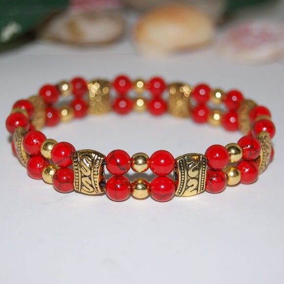 Red Howlite Bracelet,Double Beaded Bracelet,Red and Gold Bracelet - Picture 3 of 3